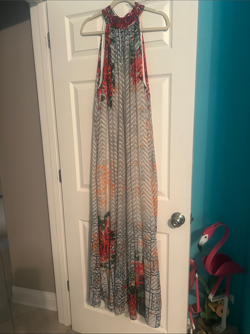 Anthropologie Gray Maxi Dress with Red & Orange Floral Accents